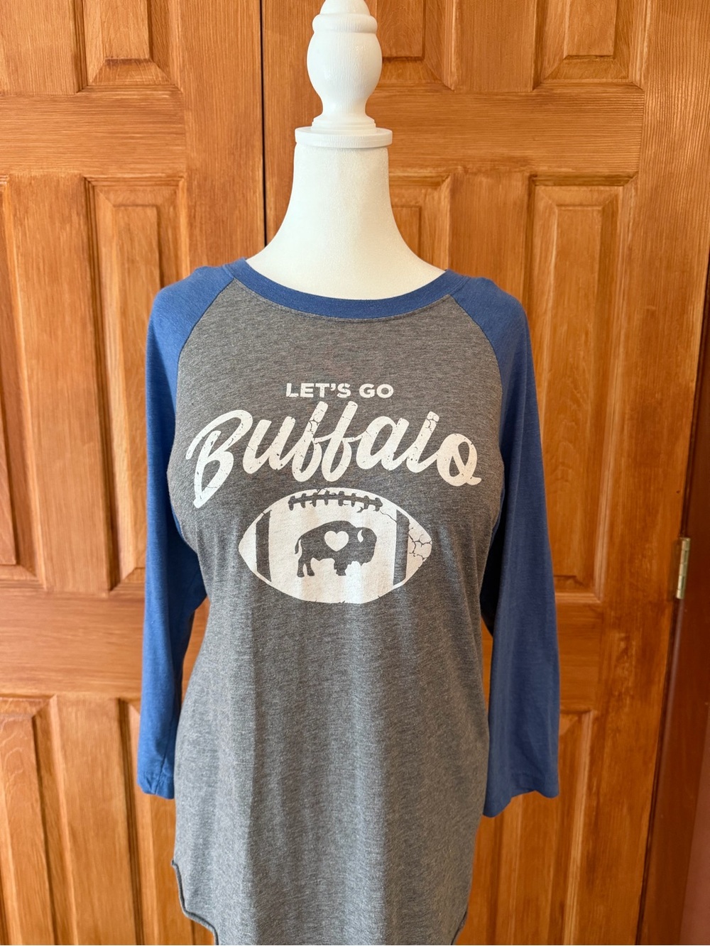 Next Level Apparel Ladies Gray and Blue "Let's Go Buffalo" Raglan Tee